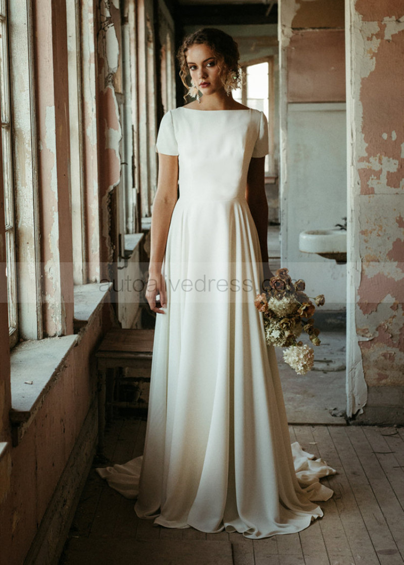 A line Bateau Neck Short Sleeve Ivory Crepe Wedding Dress